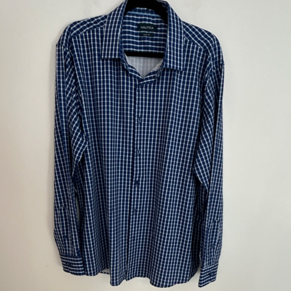 Nautica Men's Slim Fit Check Dress Shirt Blue/White Long Sleeve XL‎ Long sleeve